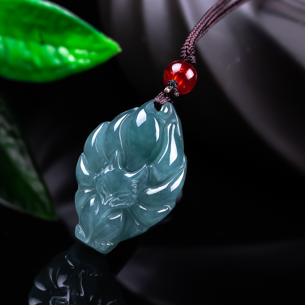 Necklace Pendant - Naturalny Birmanski Jadeitowy Wisiorek Lis Naszyjnik